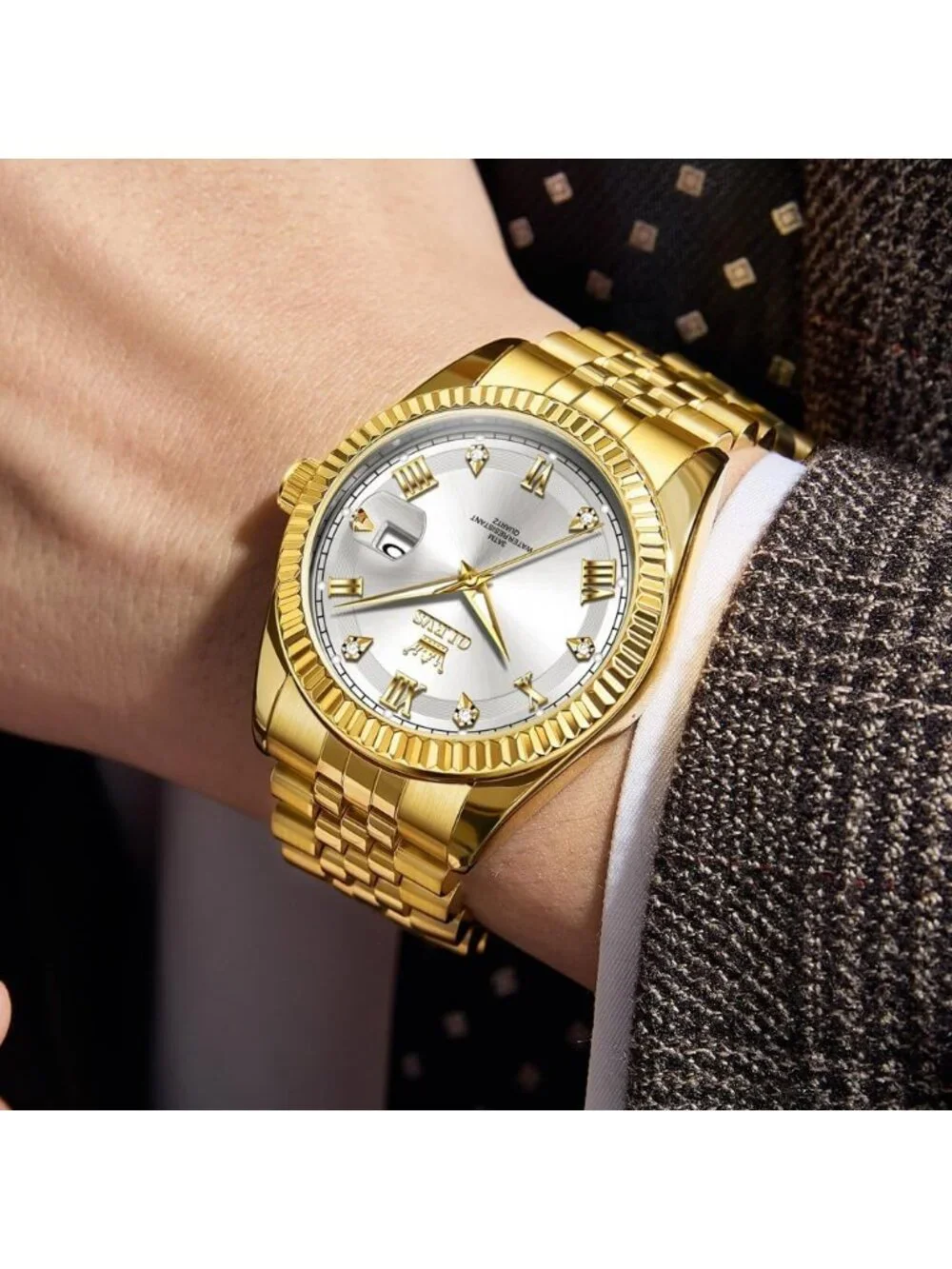 Men's Gold Silver Diamond Classic Analog Stainless Steel Waterproof Wrist Watch